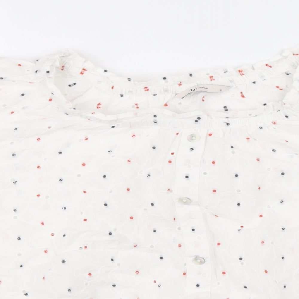 TU Womens White Polka Dot Cotton Basic T-Shirt Size 12 Round Neck
