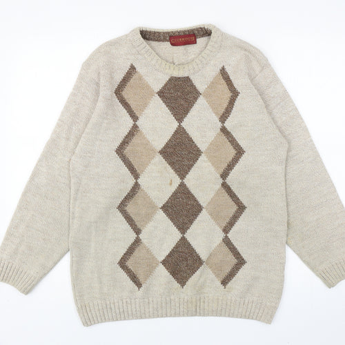 Clubhouse Mens Beige Round Neck Argyle/Diamond Acrylic Pullover Jumper Size S