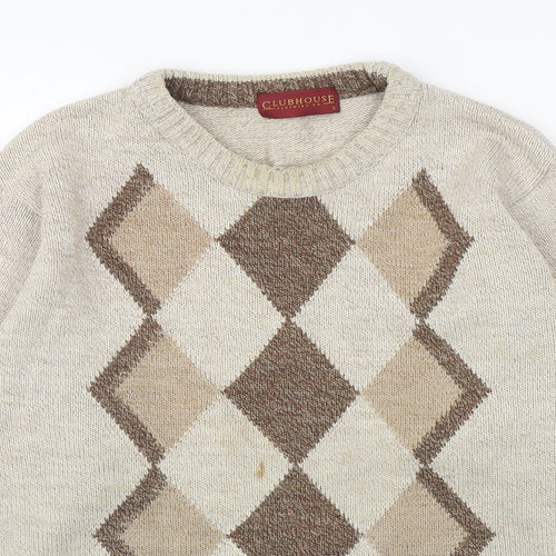 Clubhouse Mens Beige Round Neck Argyle/Diamond Acrylic Pullover Jumper Size S