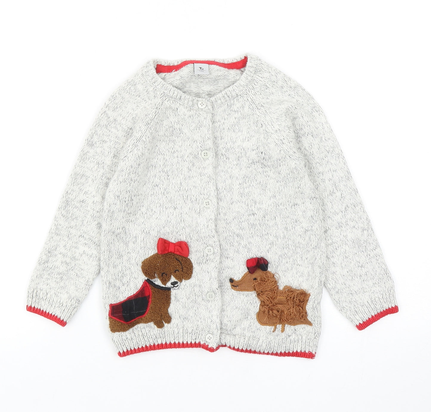 TU Girls Grey Round Neck Cotton Cardigan Jumper Size 3-4 Years Button - Dog Detail