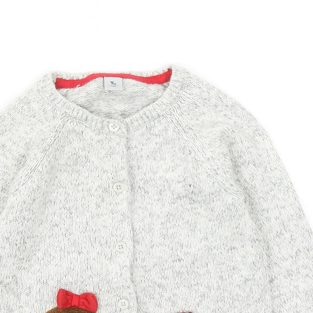 TU Girls Grey Round Neck Cotton Cardigan Jumper Size 3-4 Years Button - Dog Detail
