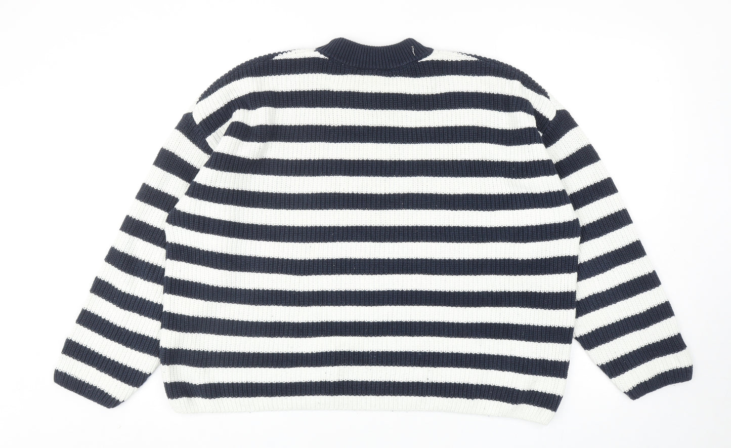 Monki Womens Blue Round Neck Striped Cotton Pullover Jumper Size L
