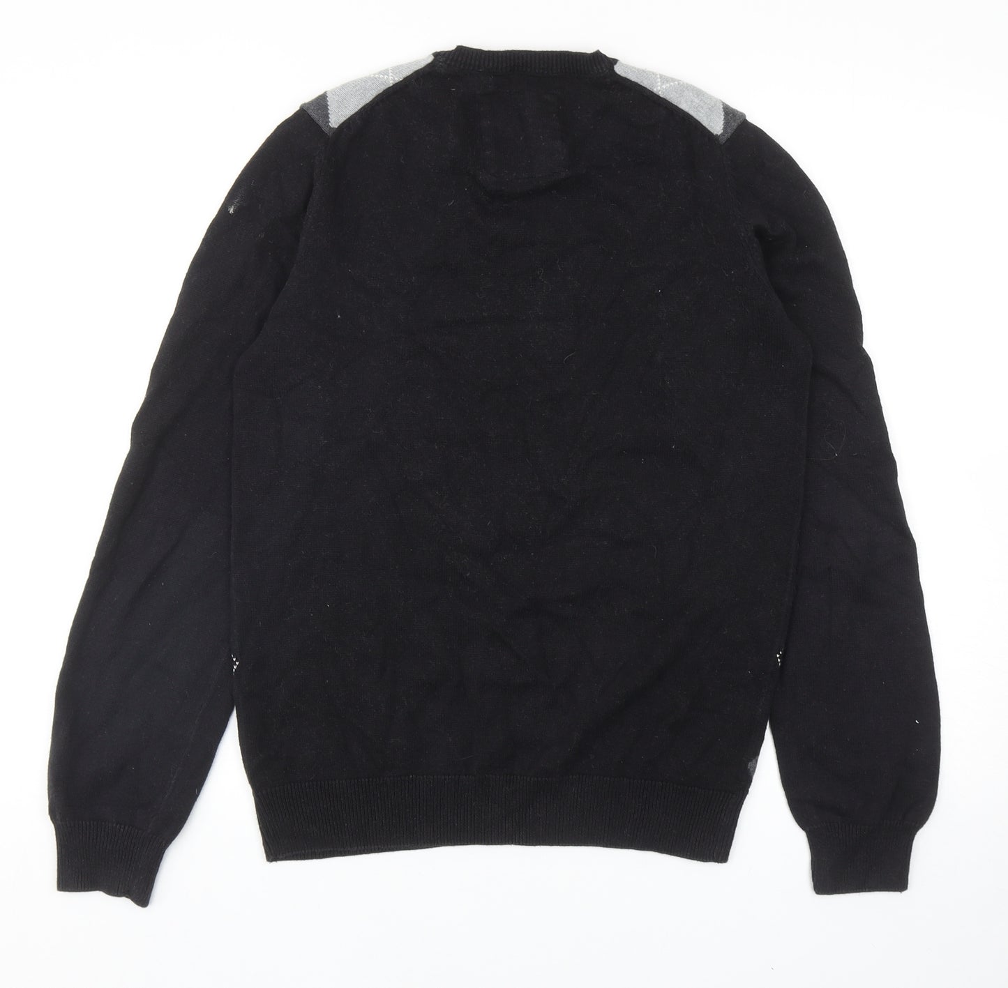 H&M Mens Black V-Neck Argyle/Diamond Cotton Pullover Jumper Size S