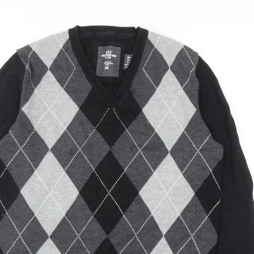 H&M Mens Black V-Neck Argyle/Diamond Cotton Pullover Jumper Size S