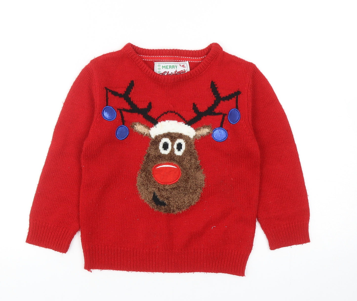 Primark Girls Red Round Neck Acrylic Pullover Jumper Size 3-4 Years Pullover - Christmas Rudolph