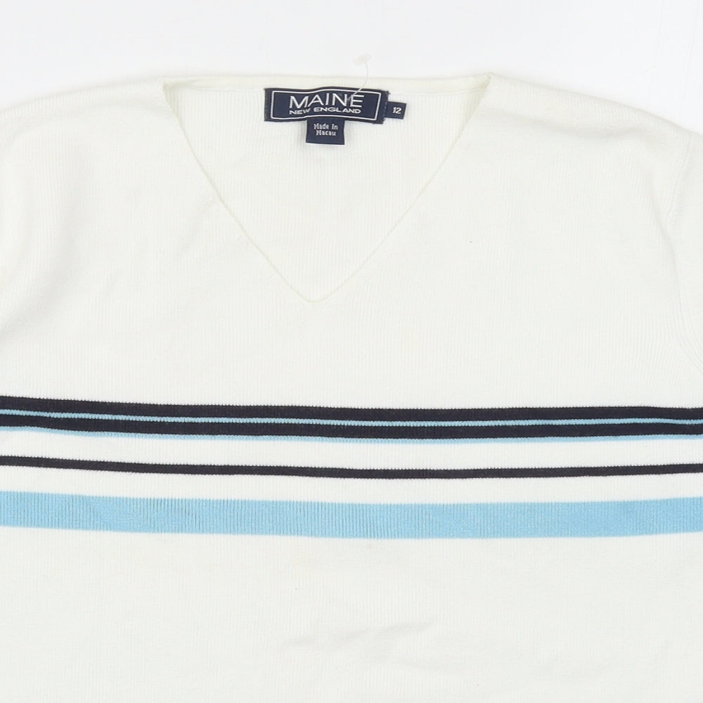 Maine Womens White Cotton Basic T-Shirt Size 12 V-Neck