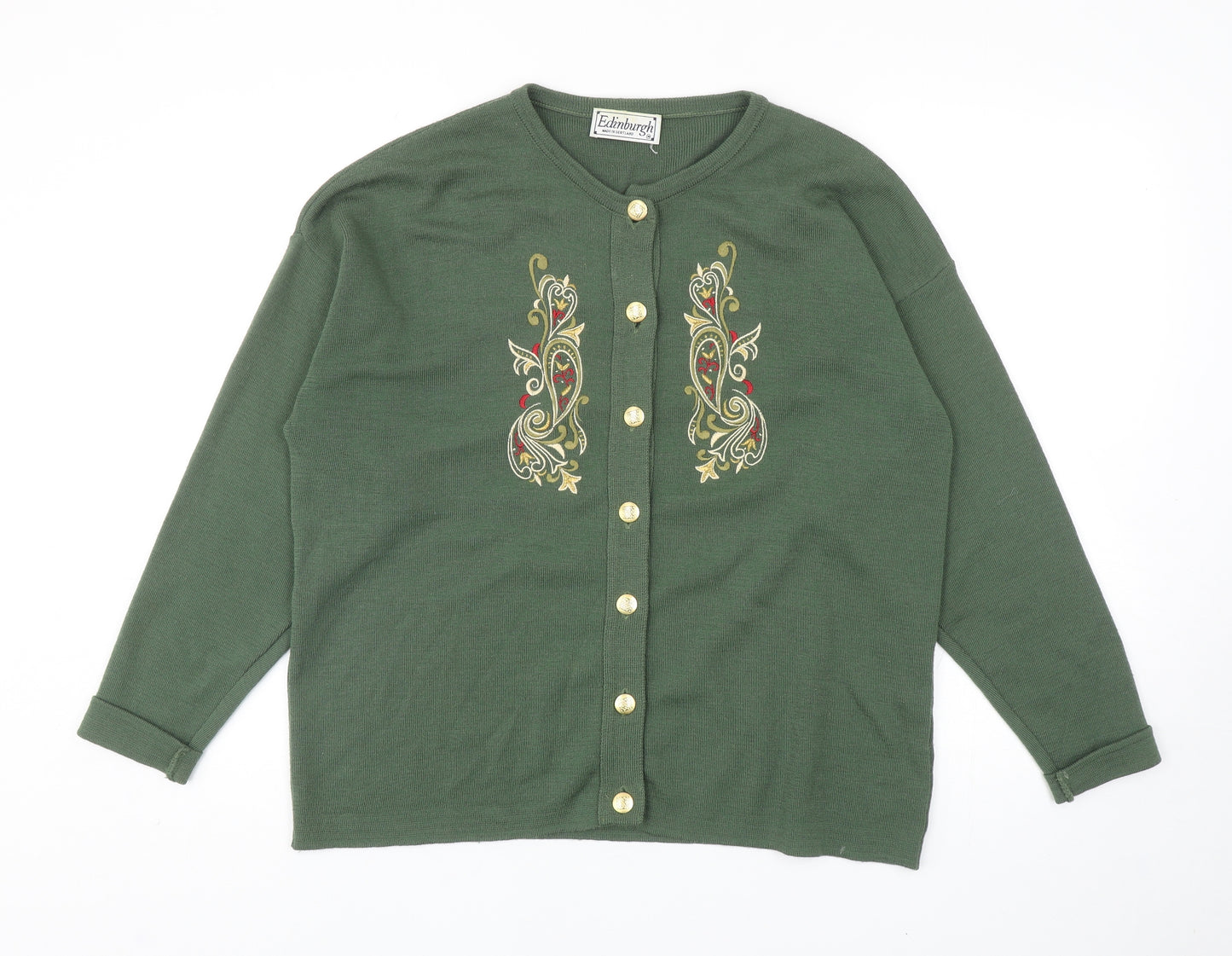 Edinburgh Womens Green Round Neck Geometric Acrylic Cardigan Jumper Size M