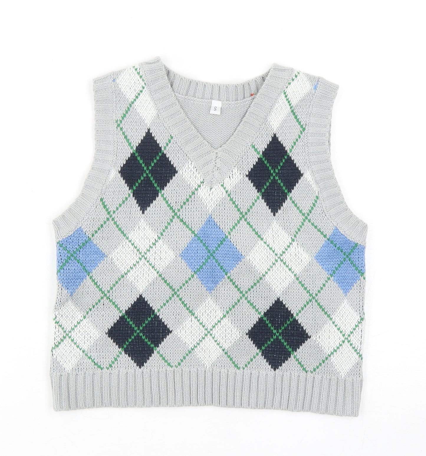 Preworn Boys Grey V-Neck Argyle/Diamond Acrylic Vest Jumper Size S Pullover