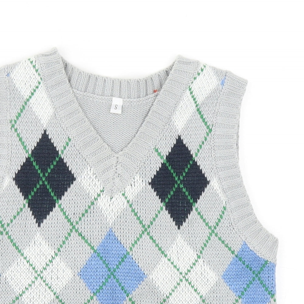 Preworn Boys Grey V-Neck Argyle/Diamond Acrylic Vest Jumper Size S Pullover