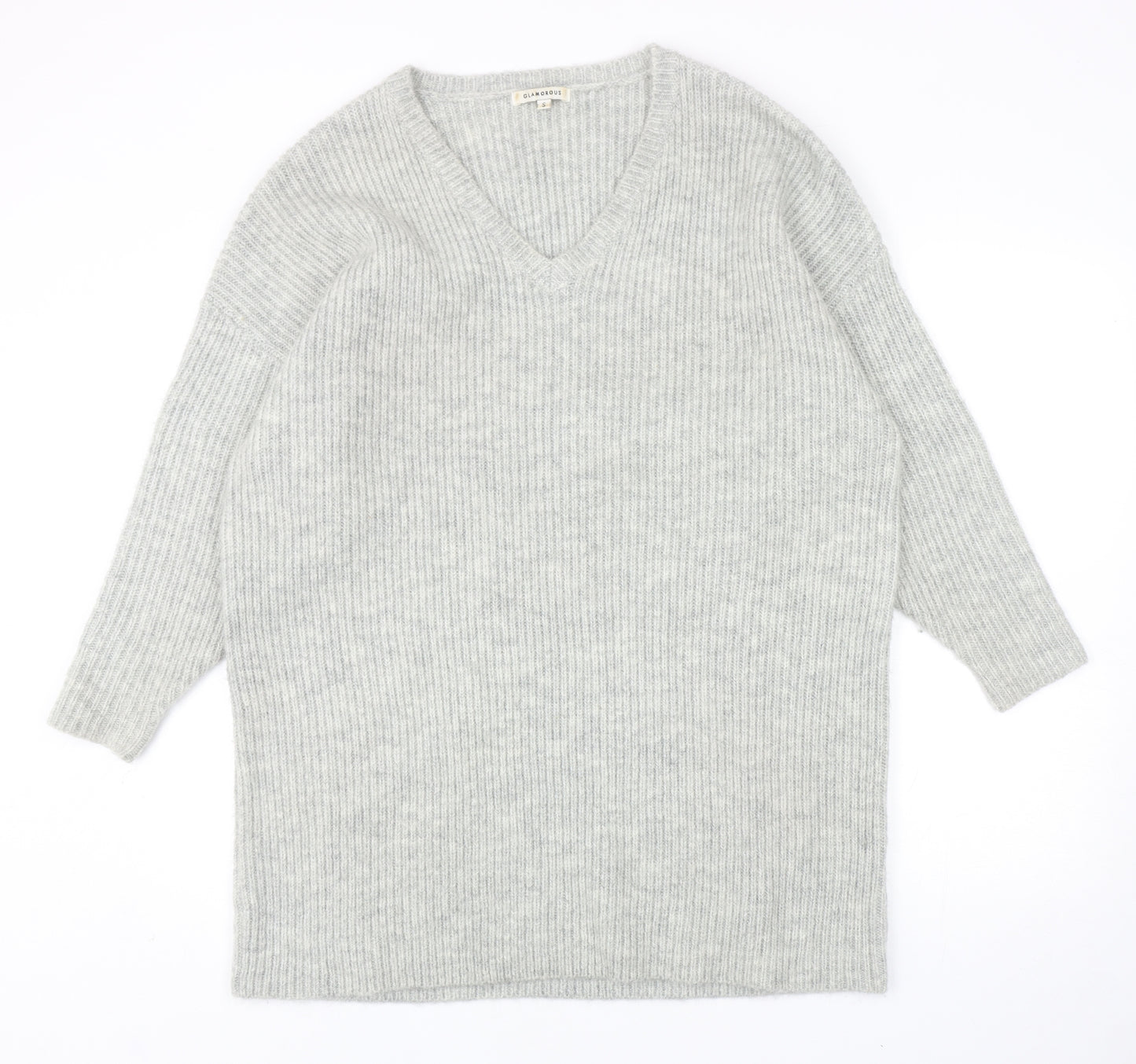 Glamorous Womens Grey V-Neck Acrylic Pullover Jumper Size S