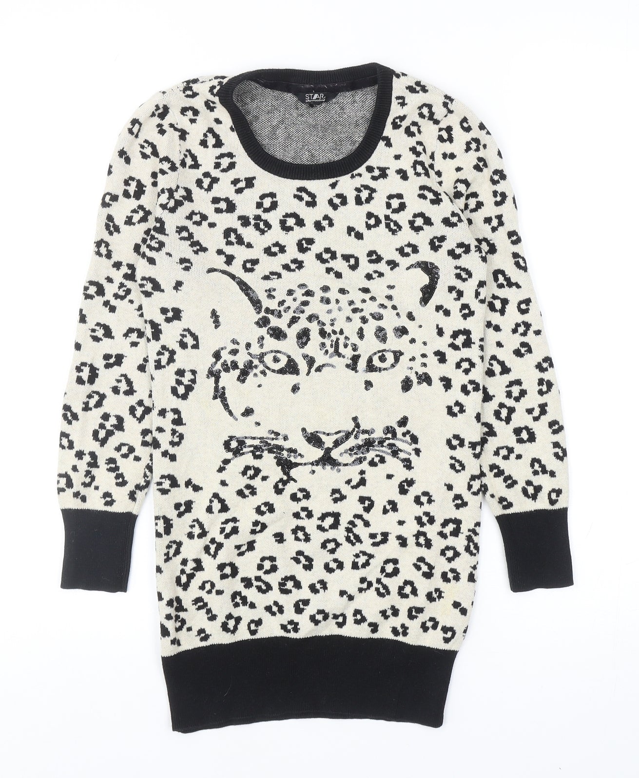Debenhams Girls Beige Animal Print Cotton Jumper Dress Size 8-9 Years Round Neck Pullover