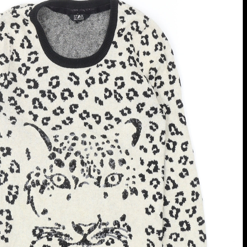 Debenhams Girls Beige Animal Print Cotton Jumper Dress Size 8-9 Years Round Neck Pullover