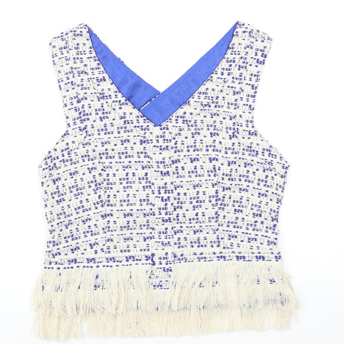 Drole de copine Womens Blue Geometric Polyester Basic Blouse Size S V-Neck