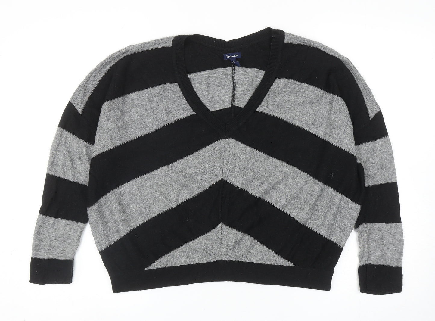 Splendid Womens Black V-Neck Striped Nylon Pullover Jumper Size M