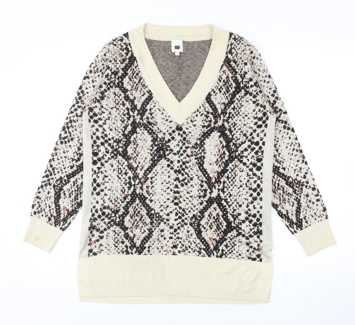 River Island Womens Beige V-Neck Animal Print Viscose Pullover Jumper Size 6 - Snakeskin Pattern