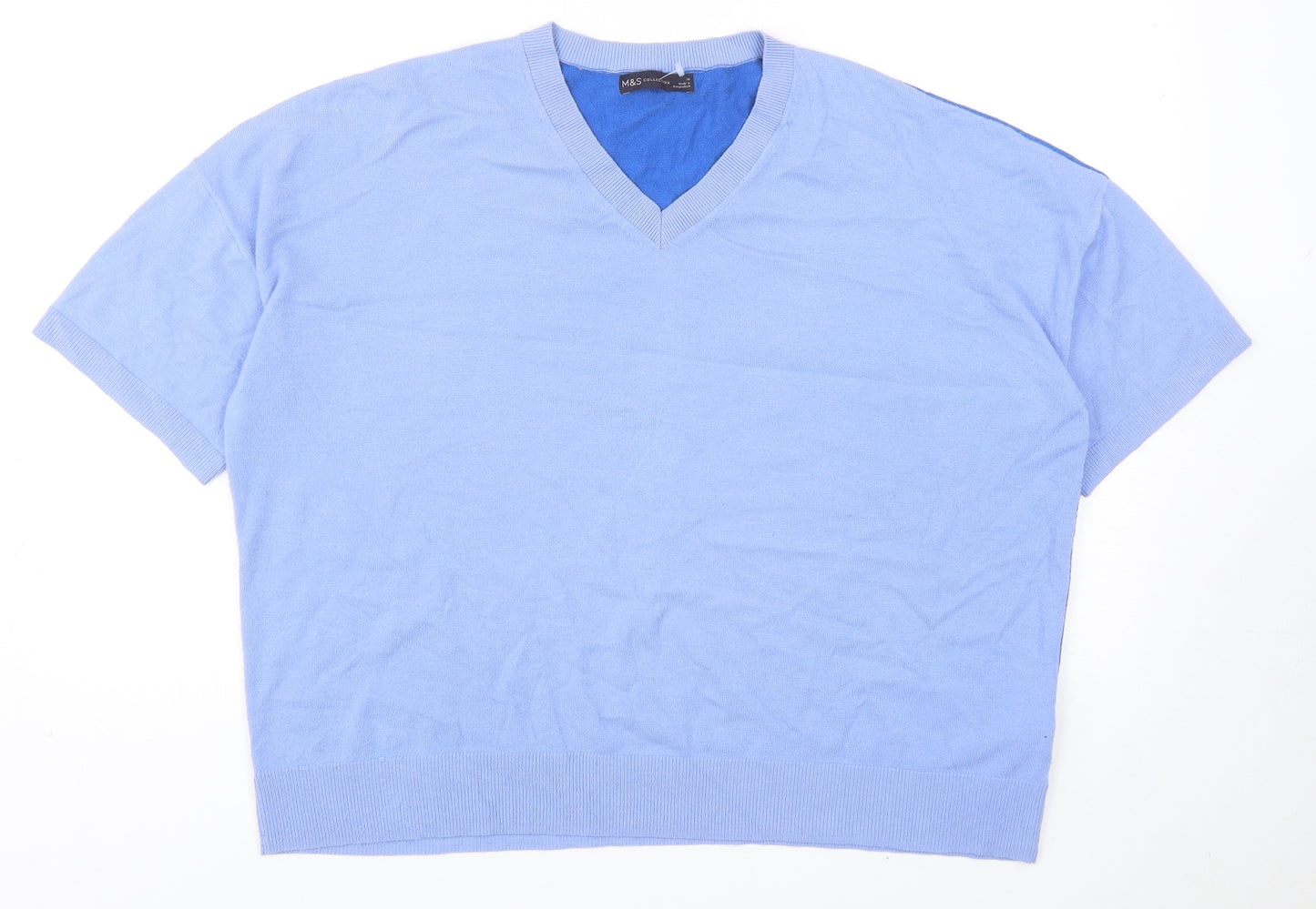 Marks and Spencer Womens Blue V-Neck Viscose Pullover Jumper Size 18 - Colourblock