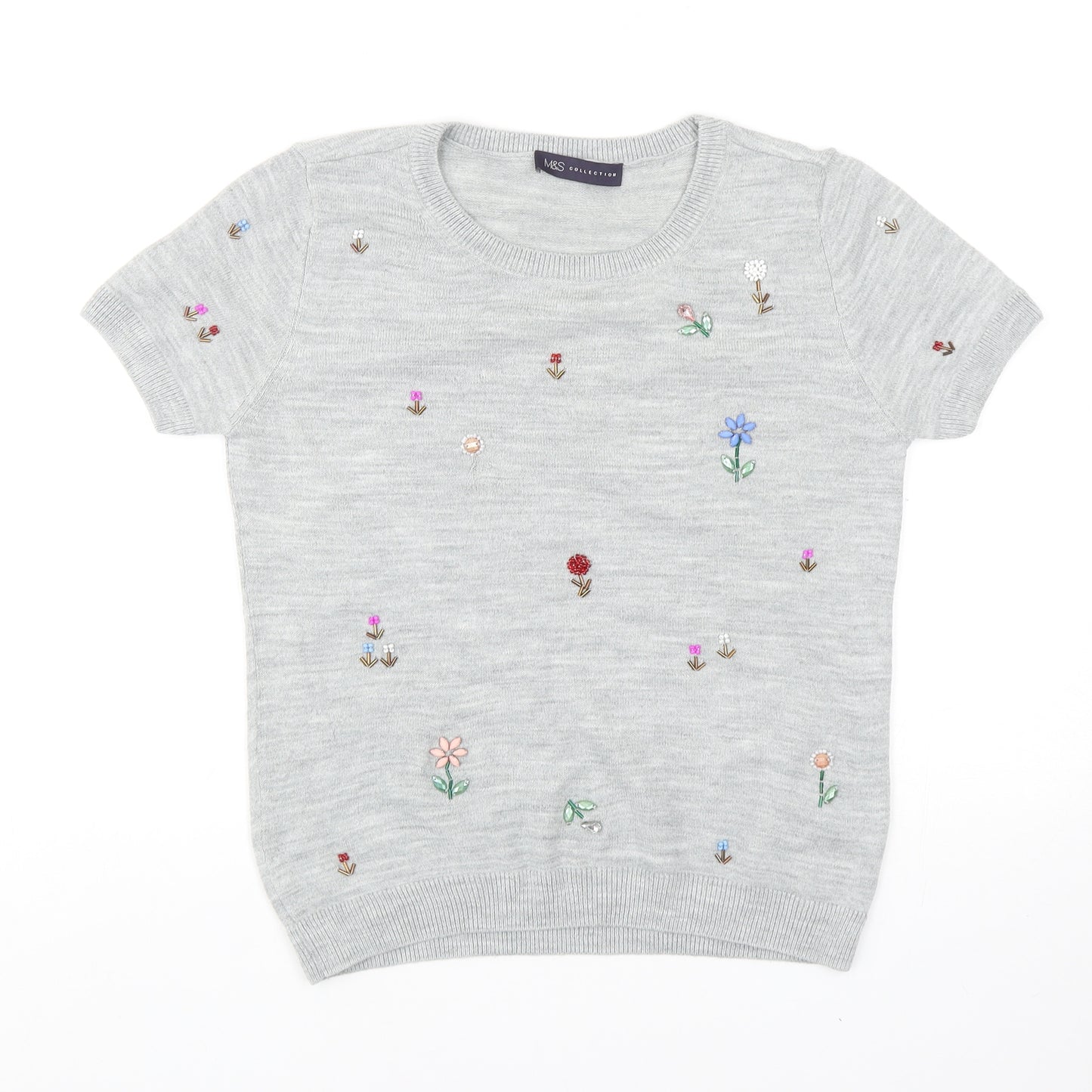 Marks and Spencer Womens Grey Acrylic Basic T-Shirt Size 8 Round Neck - Flower Bead Detail