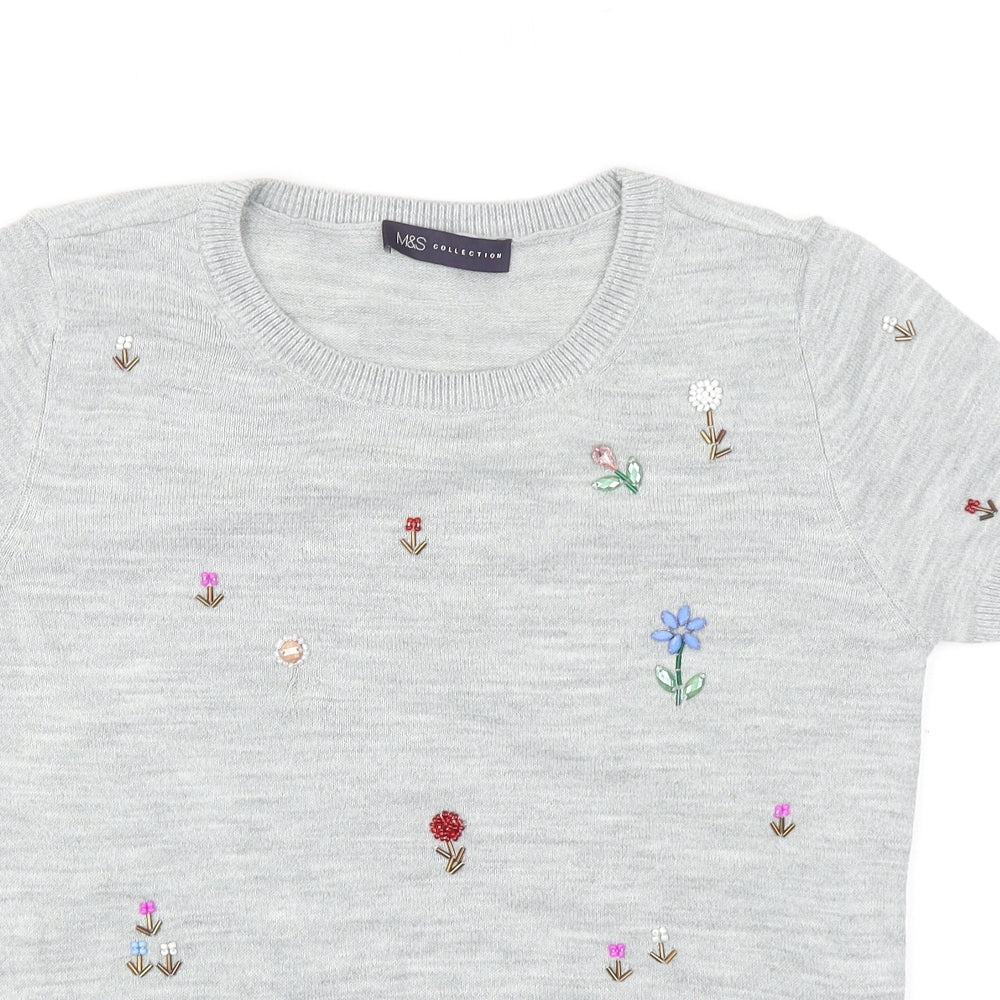 Marks and Spencer Womens Grey Acrylic Basic T-Shirt Size 8 Round Neck - Flower Bead Detail