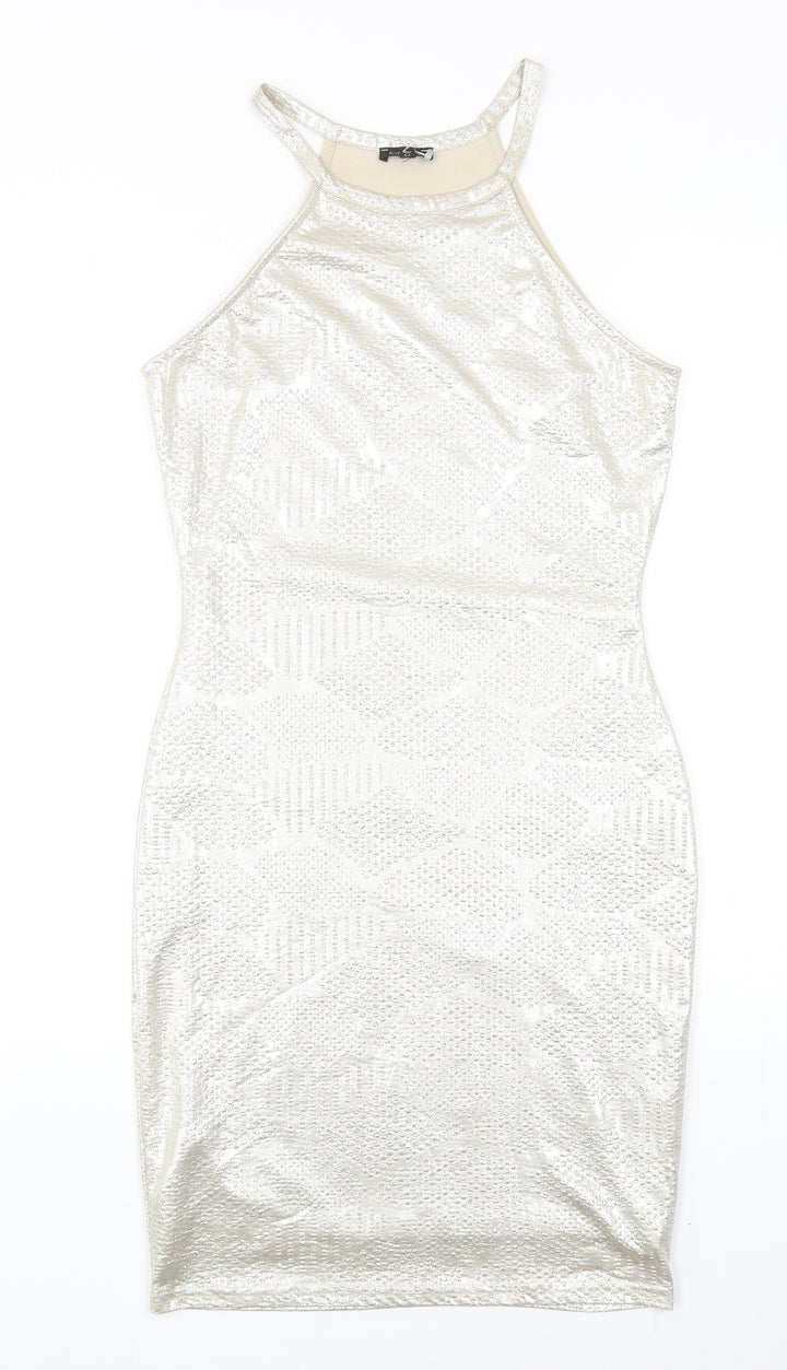 River Island Womens Gold Geometric Polyester Bodycon Size 8 Round Neck Pullover
