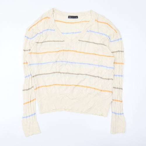 Marks and Spencer Womens Multicoloured V-Neck Striped Viscose Pullover Jumper Size L