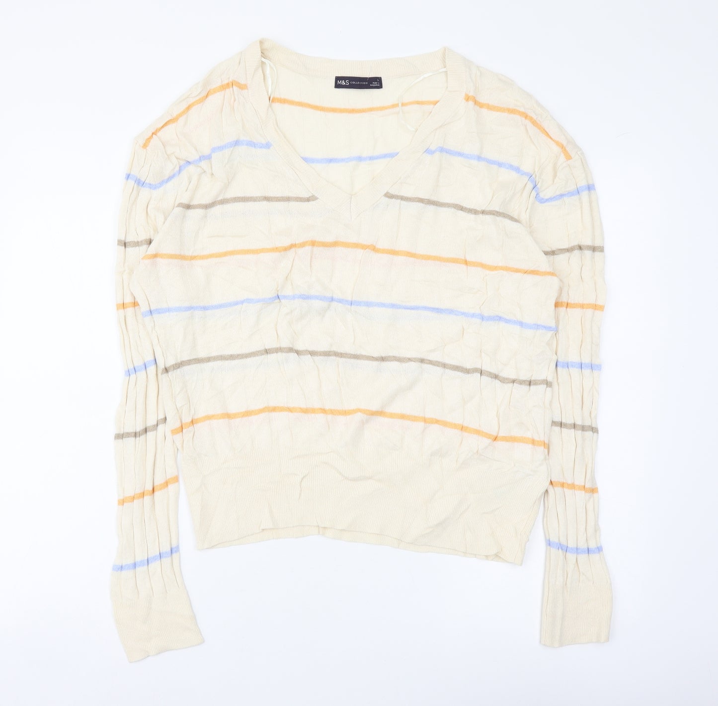 Marks and Spencer Womens Multicoloured V-Neck Striped Viscose Pullover Jumper Size L