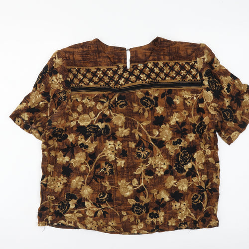 Melisa Lawrence Womens Brown Floral Viscose Basic T-Shirt Size M Round Neck