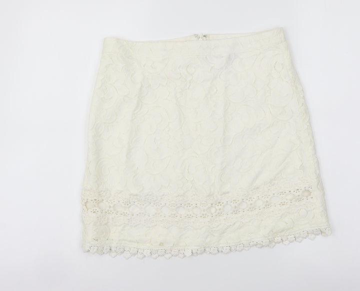 Topshop Womens Ivory Polyamide A-Line Skirt Size 10 Zip - Lace Detail
