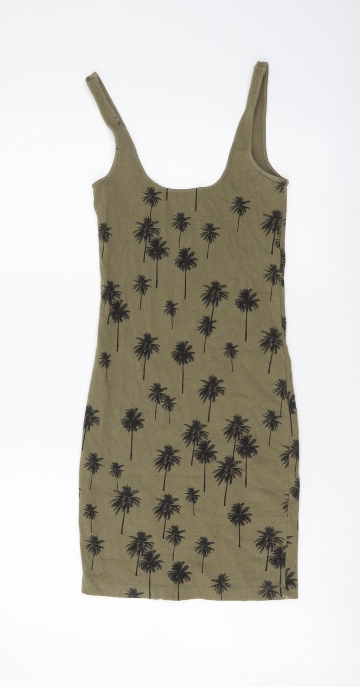 Topshop Womens Green Floral Cotton Tank Dress Size 6 Scoop Neck Pullover - Palm Tree Print