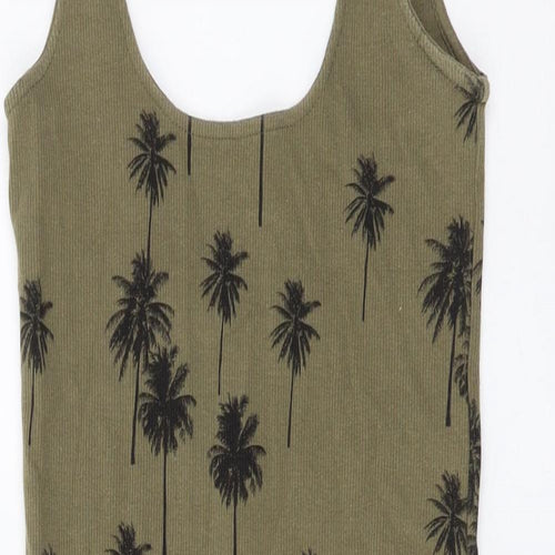 Topshop Womens Green Floral Cotton Tank Dress Size 6 Scoop Neck Pullover - Palm Tree Print