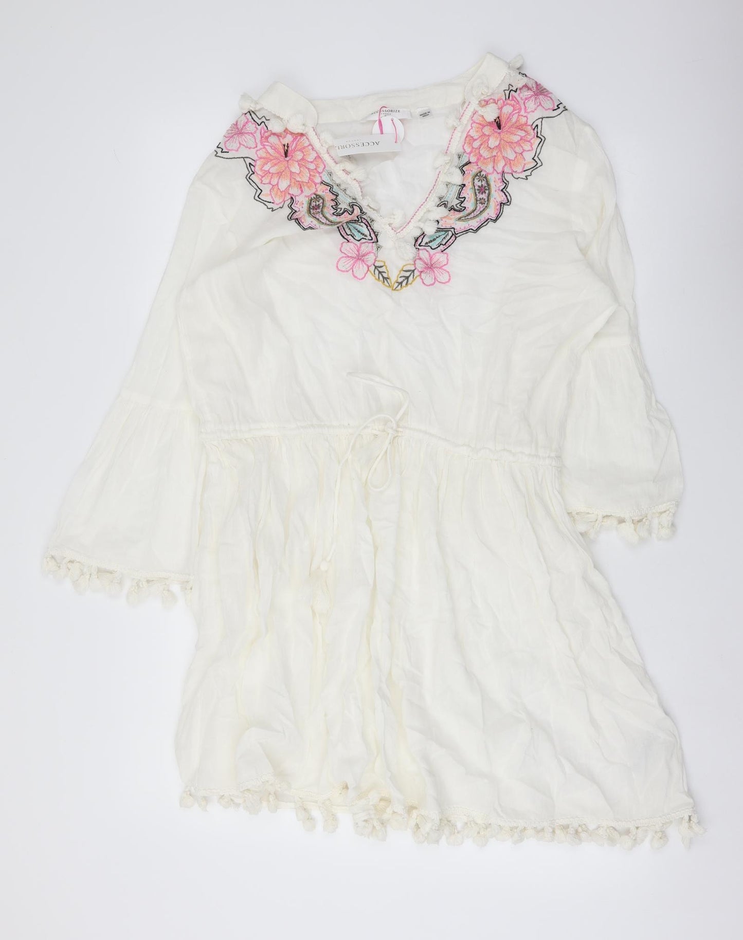 Accessorize Womens Ivory Cotton Kaftan Size M V-Neck Pullover - Beach Cover Up