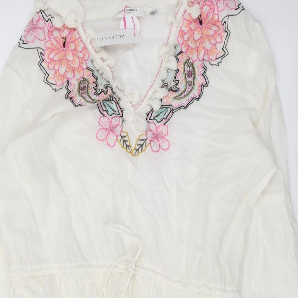 Accessorize Womens Ivory Cotton Kaftan Size M V-Neck Pullover - Beach Cover Up