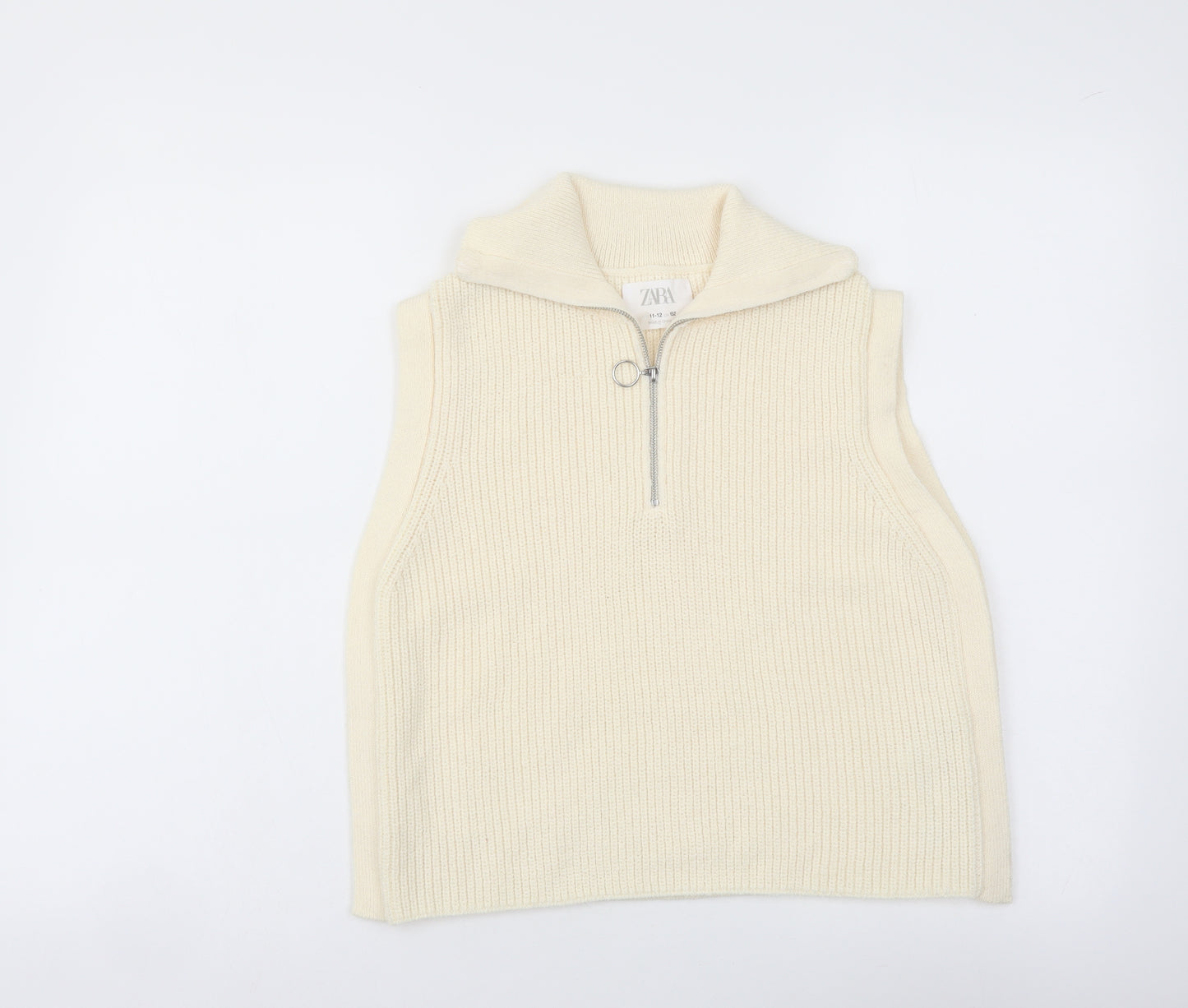 Zara Girls Ivory Collared Polyester Vest Jumper Size 11-12 Years Zip
