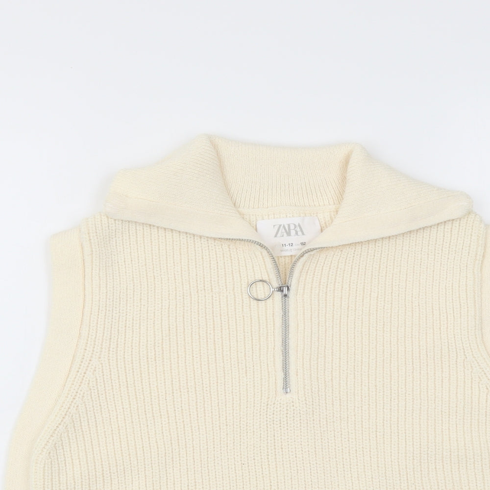 Zara Girls Ivory Collared Polyester Vest Jumper Size 11-12 Years Zip