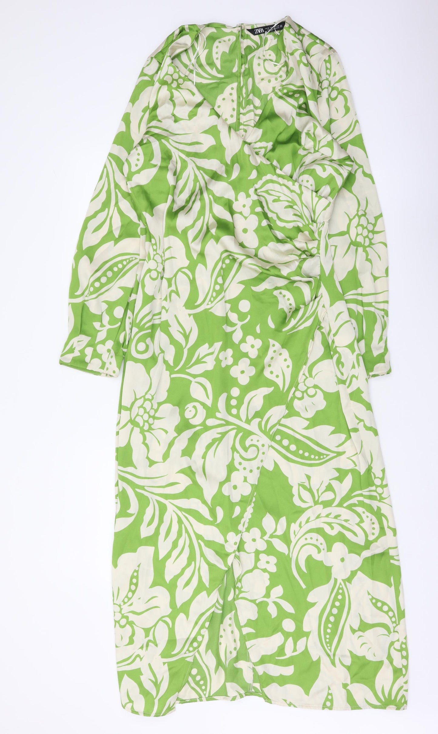 Zara Womens Green Floral Polyester A-Line Size M V-Neck Zip