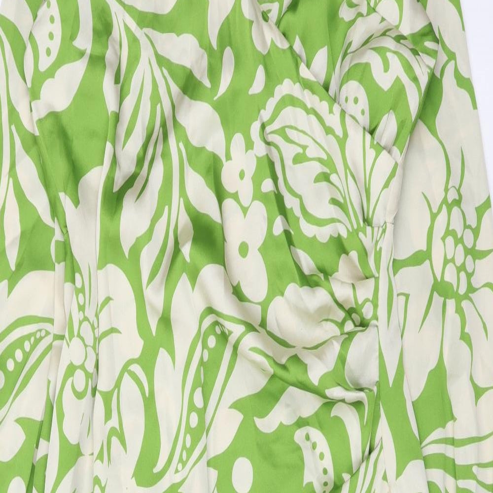 Zara Womens Green Floral Polyester A-Line Size M V-Neck Zip