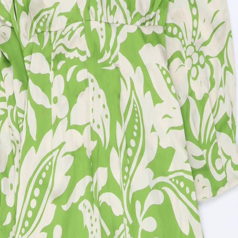 Zara Womens Green Floral Polyester A-Line Size M V-Neck Zip