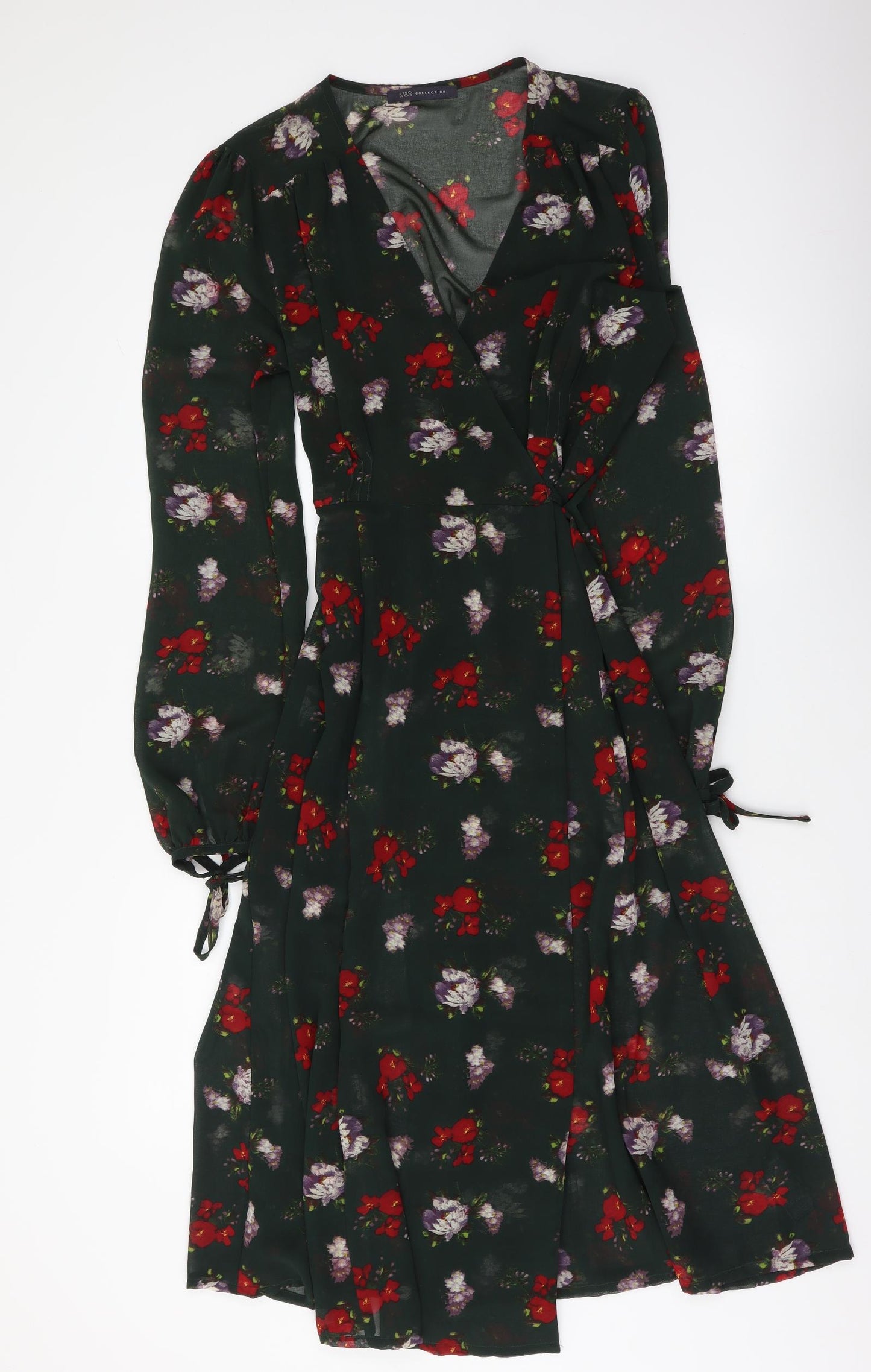 Marks and Spencer Womens Green Floral Polyester T-Shirt Dress Size 10 V-Neck Tie