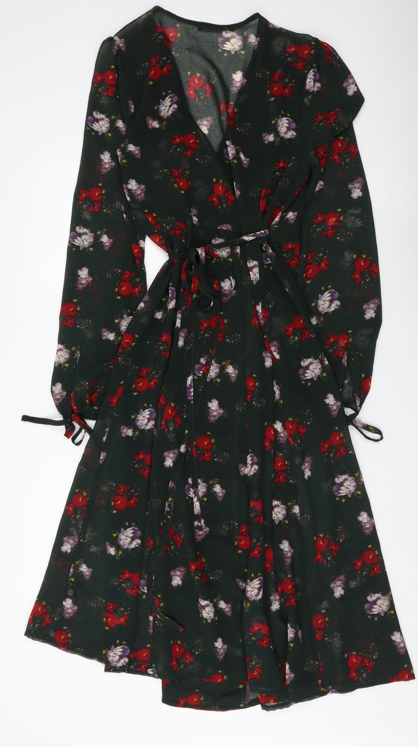 Marks and Spencer Womens Green Floral Polyester T-Shirt Dress Size 10 V-Neck Tie