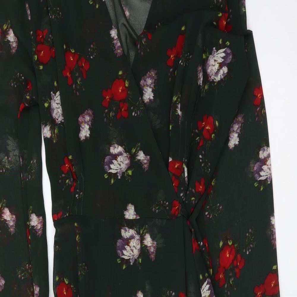 Marks and Spencer Womens Green Floral Polyester T-Shirt Dress Size 10 V-Neck Tie