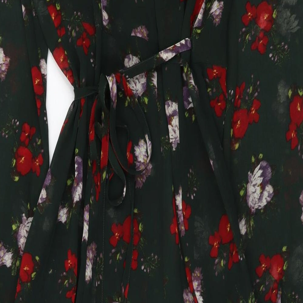 Marks and Spencer Womens Green Floral Polyester T-Shirt Dress Size 10 V-Neck Tie