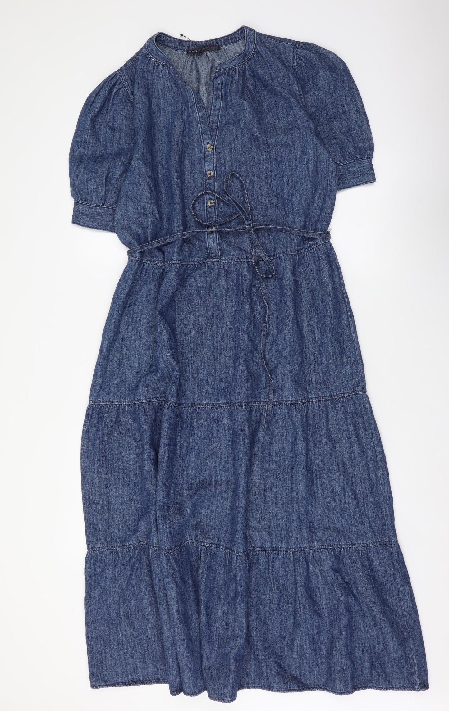 Marks and Spencer Womens Blue Cotton A-Line Size 10 V-Neck Button - Tiered