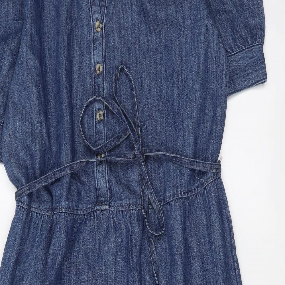 Marks and Spencer Womens Blue Cotton A-Line Size 10 V-Neck Button - Tiered