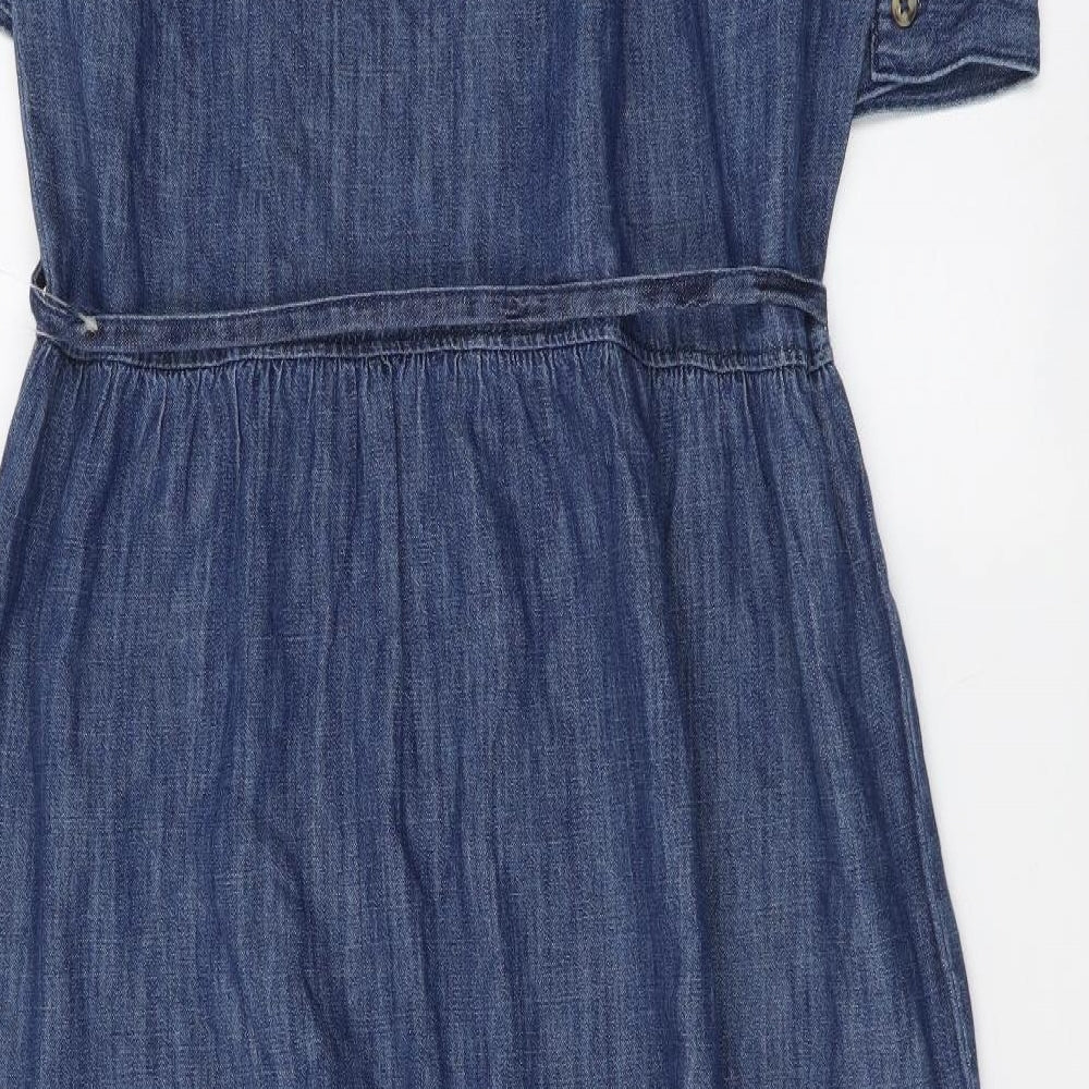 Marks and Spencer Womens Blue Cotton A-Line Size 10 V-Neck Button - Tiered