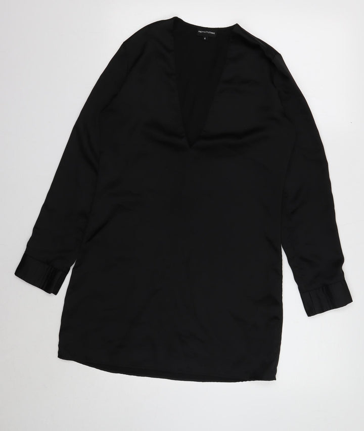 PRETTYLITTLETHING Womens Black Polyester Shift Size 6 V-Neck Pullover