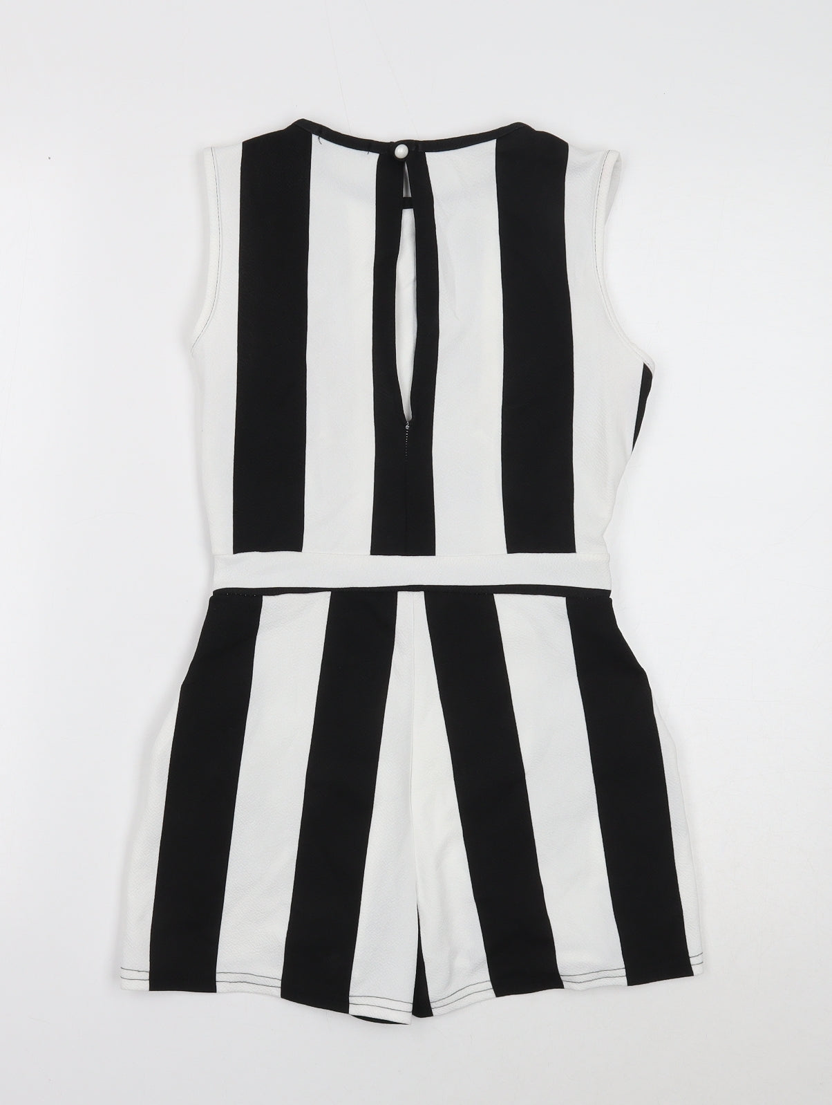 Preworn Womens Black Striped Polyester Playsuit One-Piece Size 6 Button