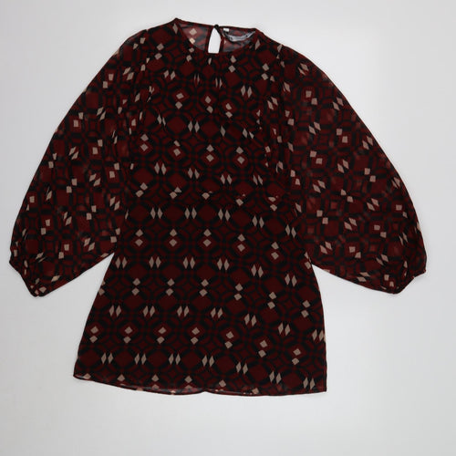 Zara Womens Red Geometric Polyester Shift Size 8 Round Neck Button