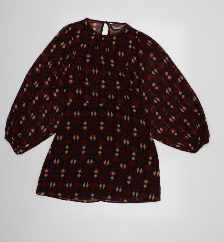 Zara Womens Red Geometric Polyester Shift Size 8 Round Neck Button