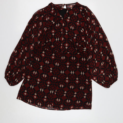 Zara Womens Red Geometric Polyester Shift Size 8 Round Neck Button