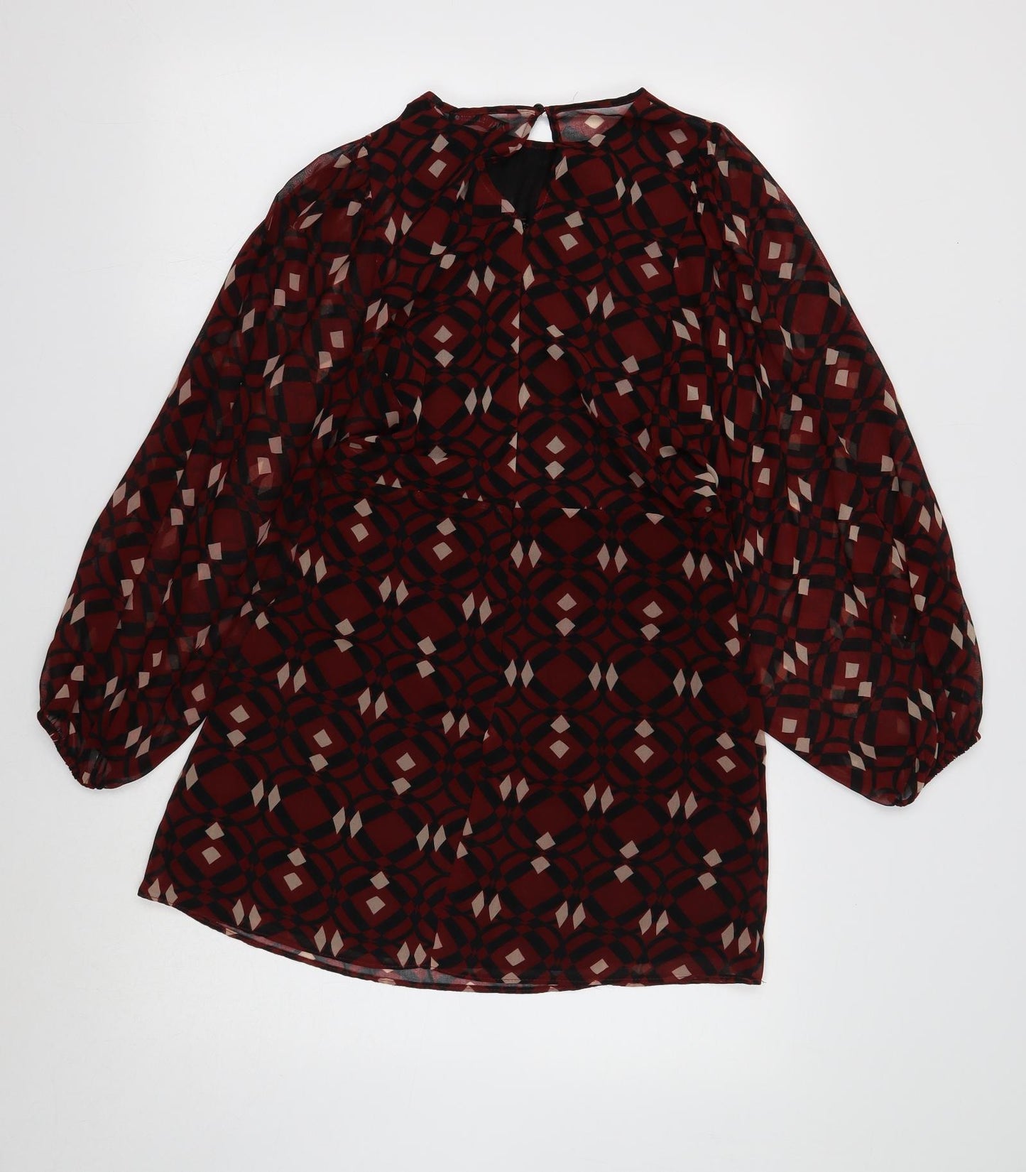 Zara Womens Red Geometric Polyester Shift Size 8 Round Neck Button