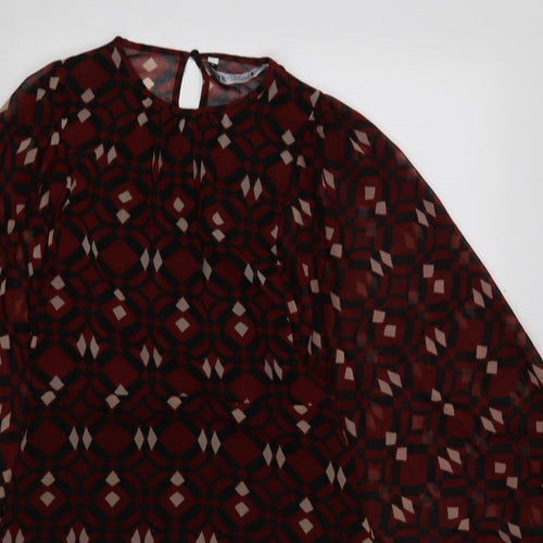 Zara Womens Red Geometric Polyester Shift Size 8 Round Neck Button